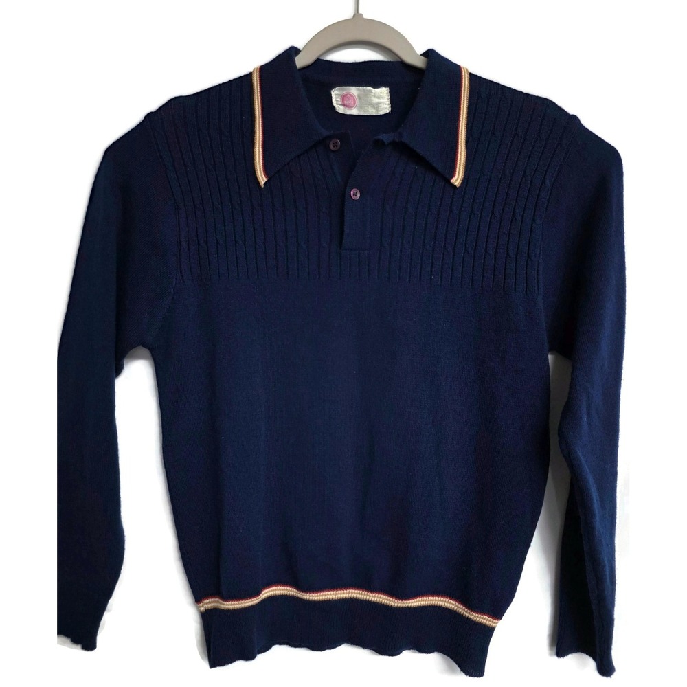 Vintage Kings Road Mens Medium Blue Collared Knit Polo Pullover Retro Sweater